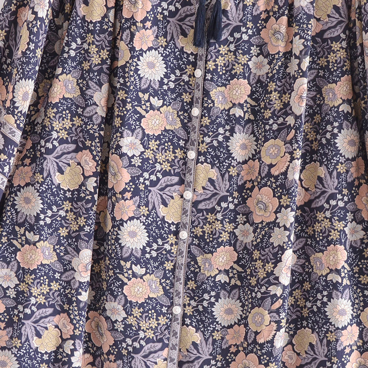 Midnight Blue Boho Floral Print Long Sleeve Blouse