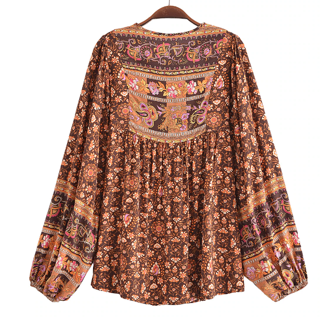 Espresso Brown Boho Floral Print Long Sleeve Blouse