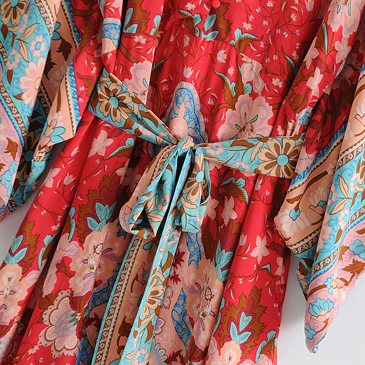 Fiery Red Peacock Boho Floral Print Midi Dress