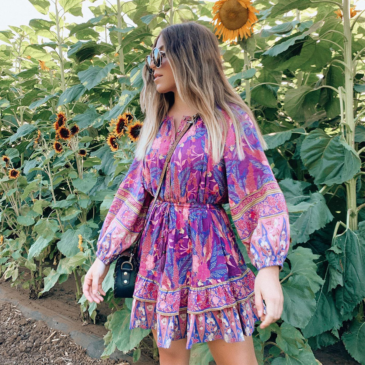 Purple Wisteria Boho Floral Print Long Sleeve Mini Dress