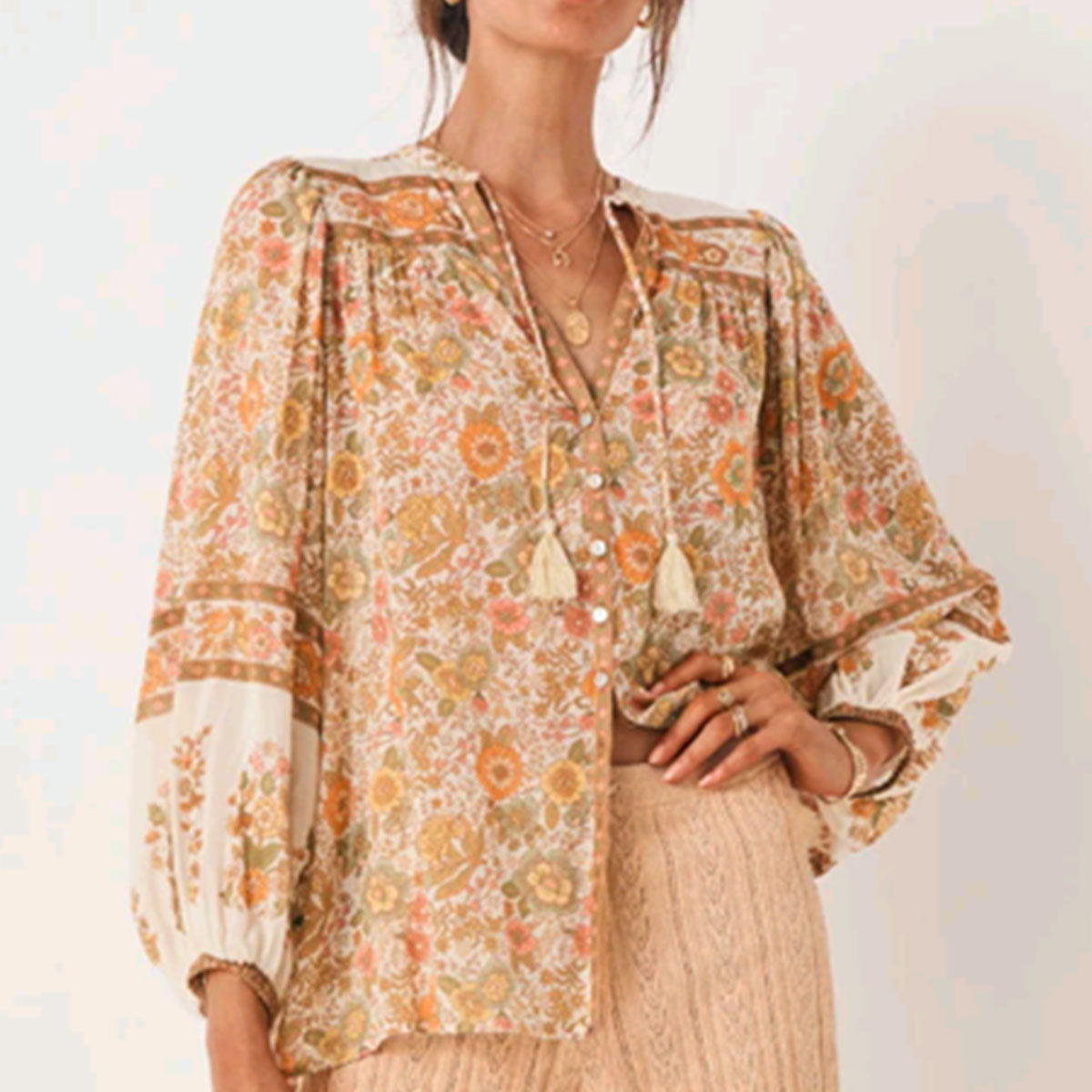 Sahara Sands Boho Floral Print Long Sleeve Blouse
