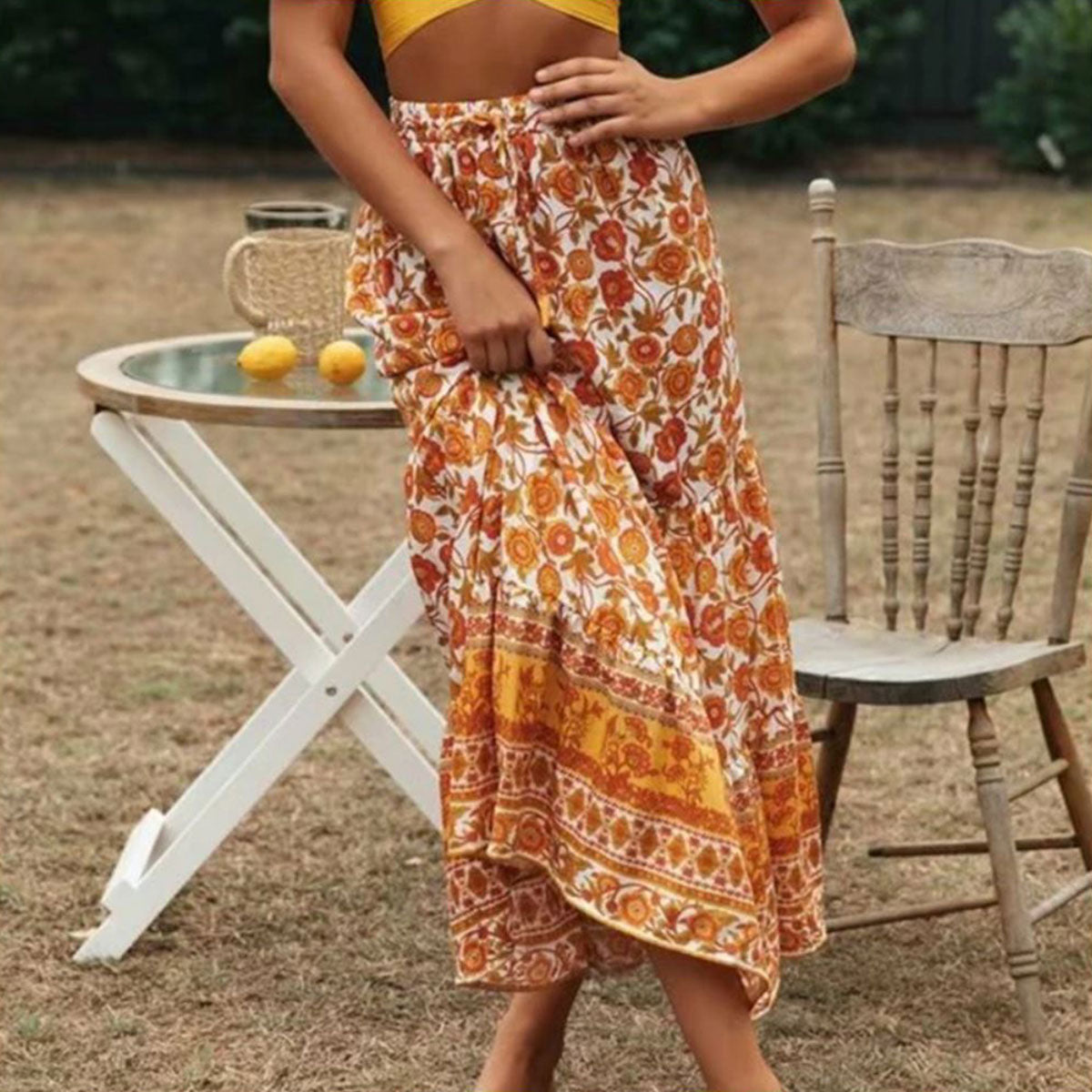 Marigold Orange Boho Floral Print Midi Skirt