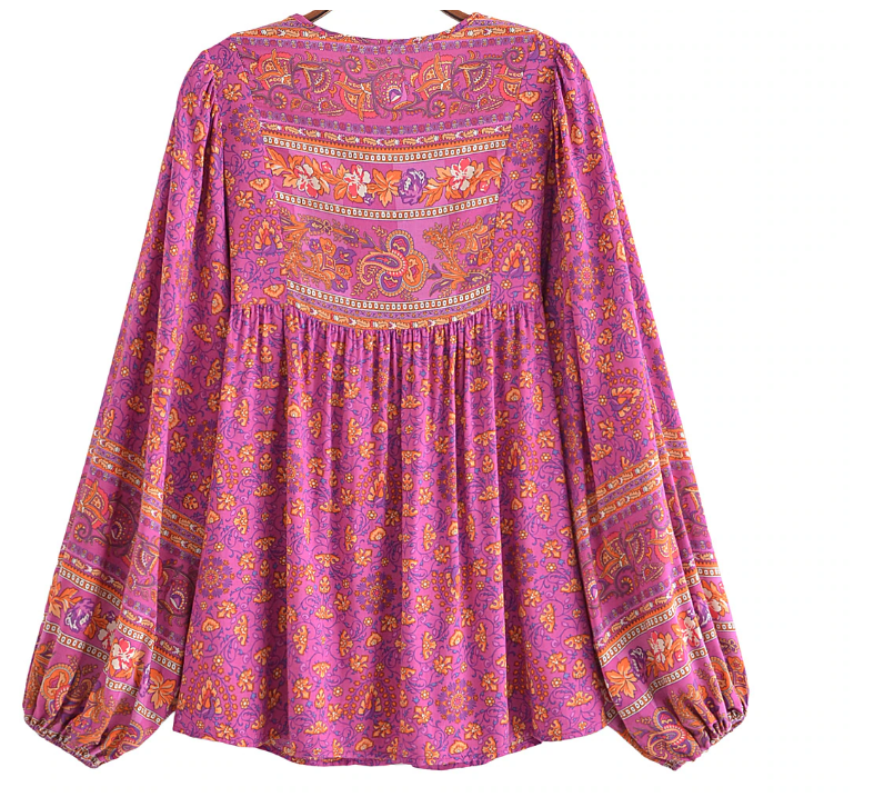 Forever Fuchsia Boho Floral Print Long Sleeve Blouse