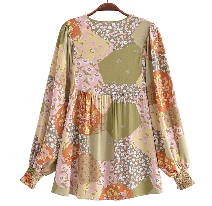 Green Balsam Boho Floral Print Long Sleeve Blouse