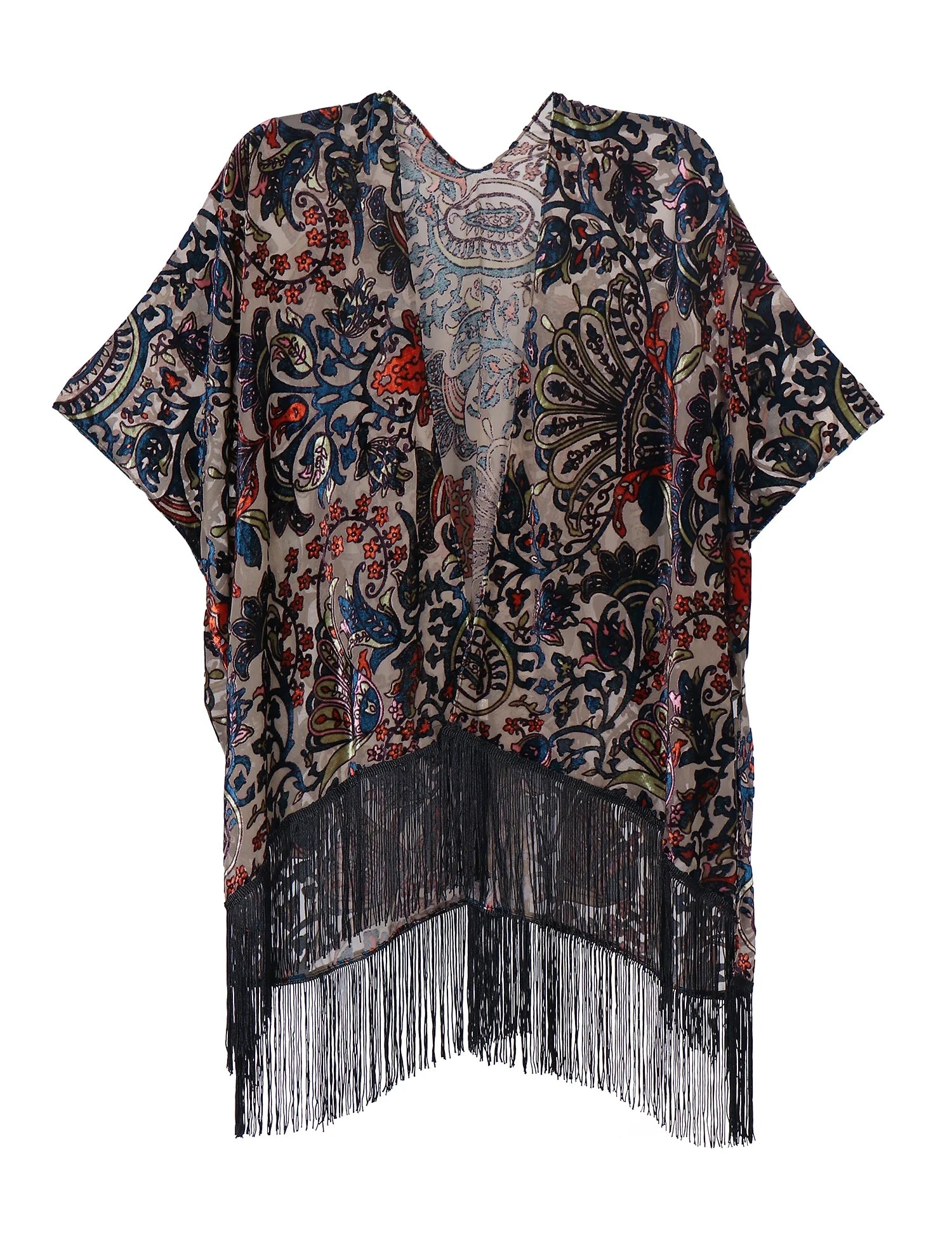 Romantic Floral Burnout Velvet Fringe Kimono
