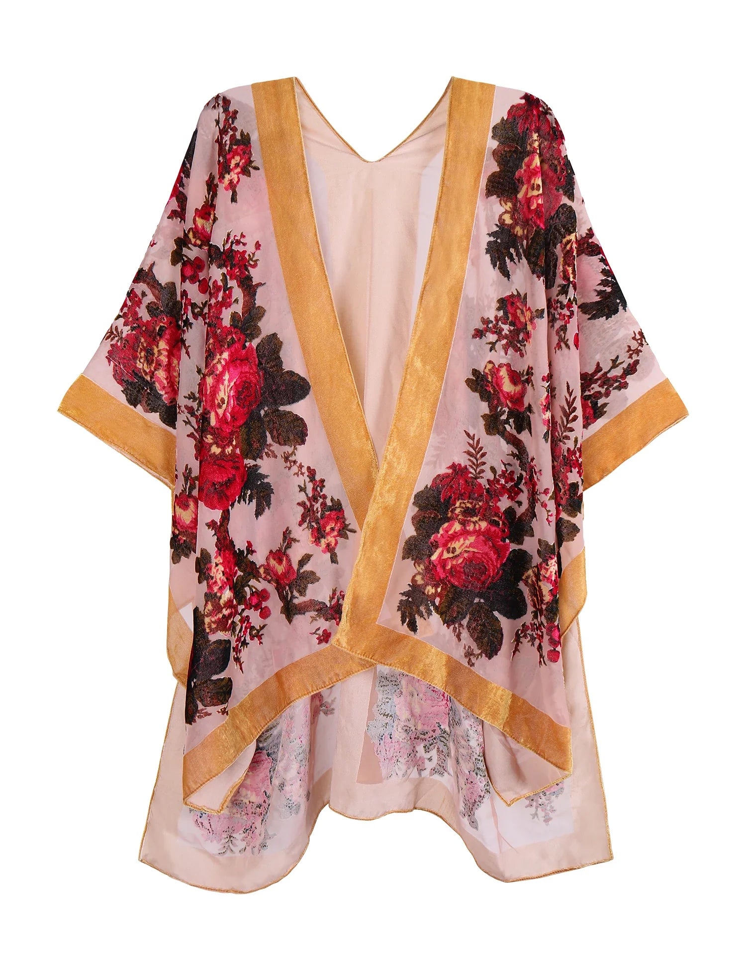 Sunlit Rose Floral Print Velvet Burnout Kimono