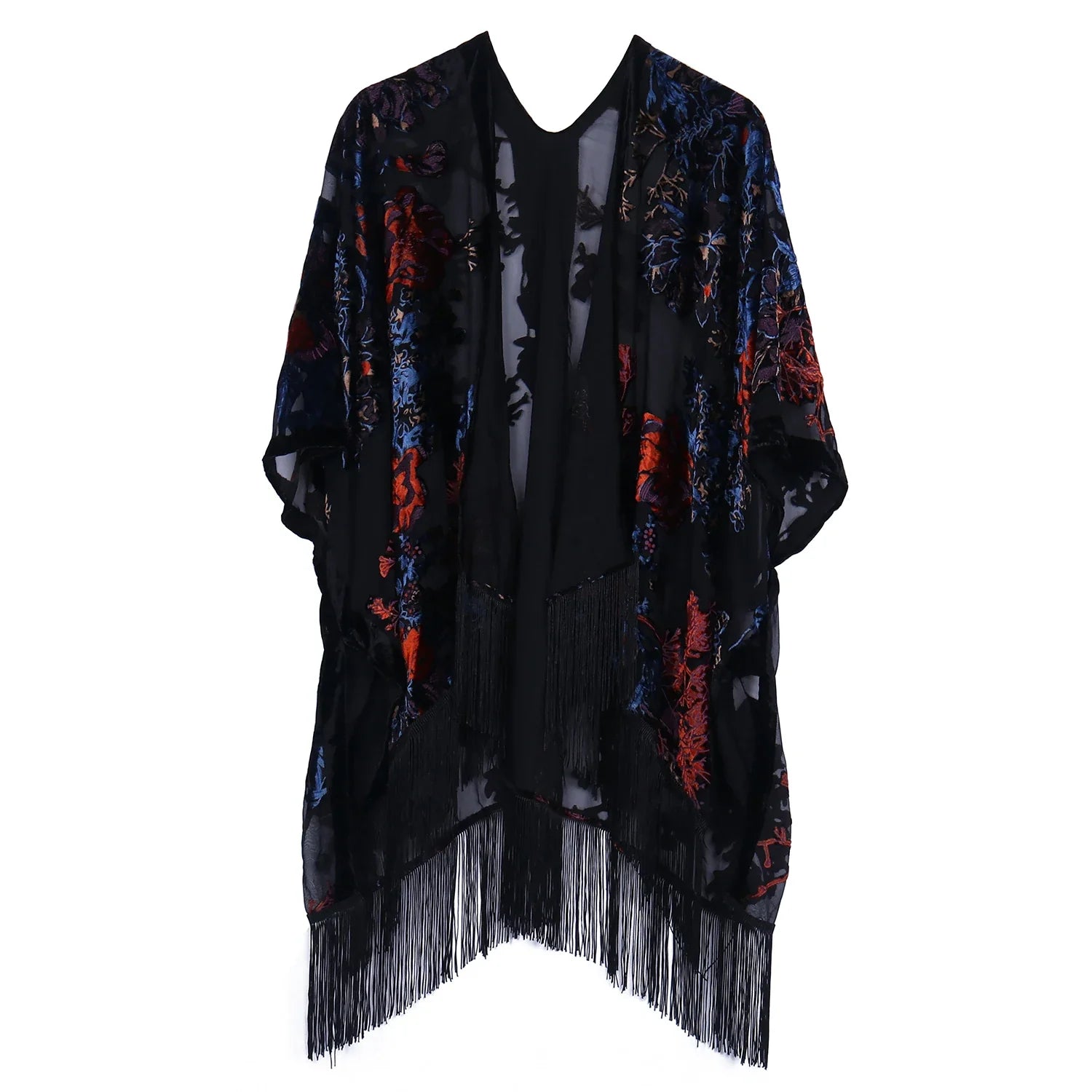 Mystic Ember Floral Burnout Velvet Fringe Kimono