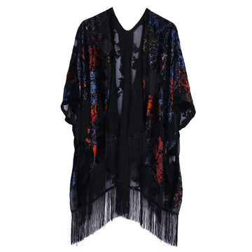 Mystic Ember Floral Burnout Velvet Fringe Kimono