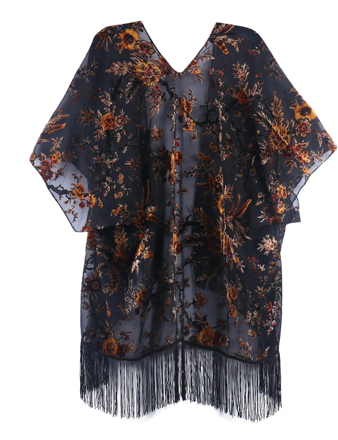 Romantic Floral Burnout Velvet Fringe Kimono