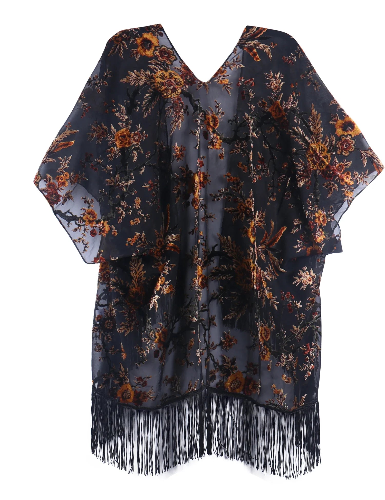 Romantic Floral Burnout Velvet Fringe Kimono