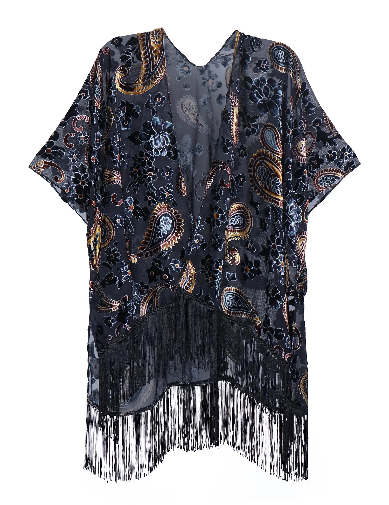 Ravenwood Floral Burnout Velvet Fringe Kimono