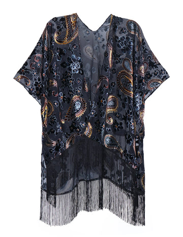Ravenwood Floral Burnout Velvet Fringe Kimono