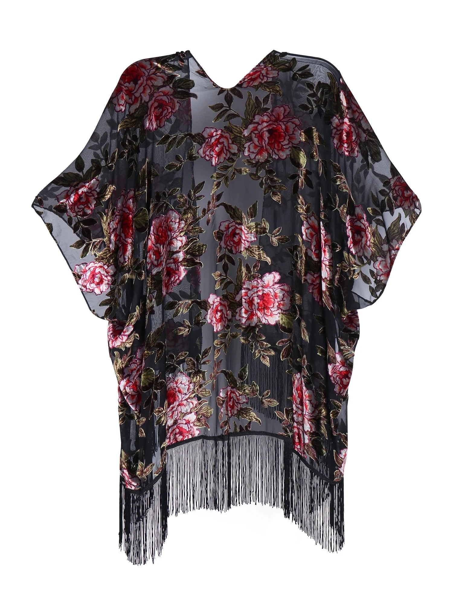 Romantic Floral Burnout Velvet Fringe Kimono