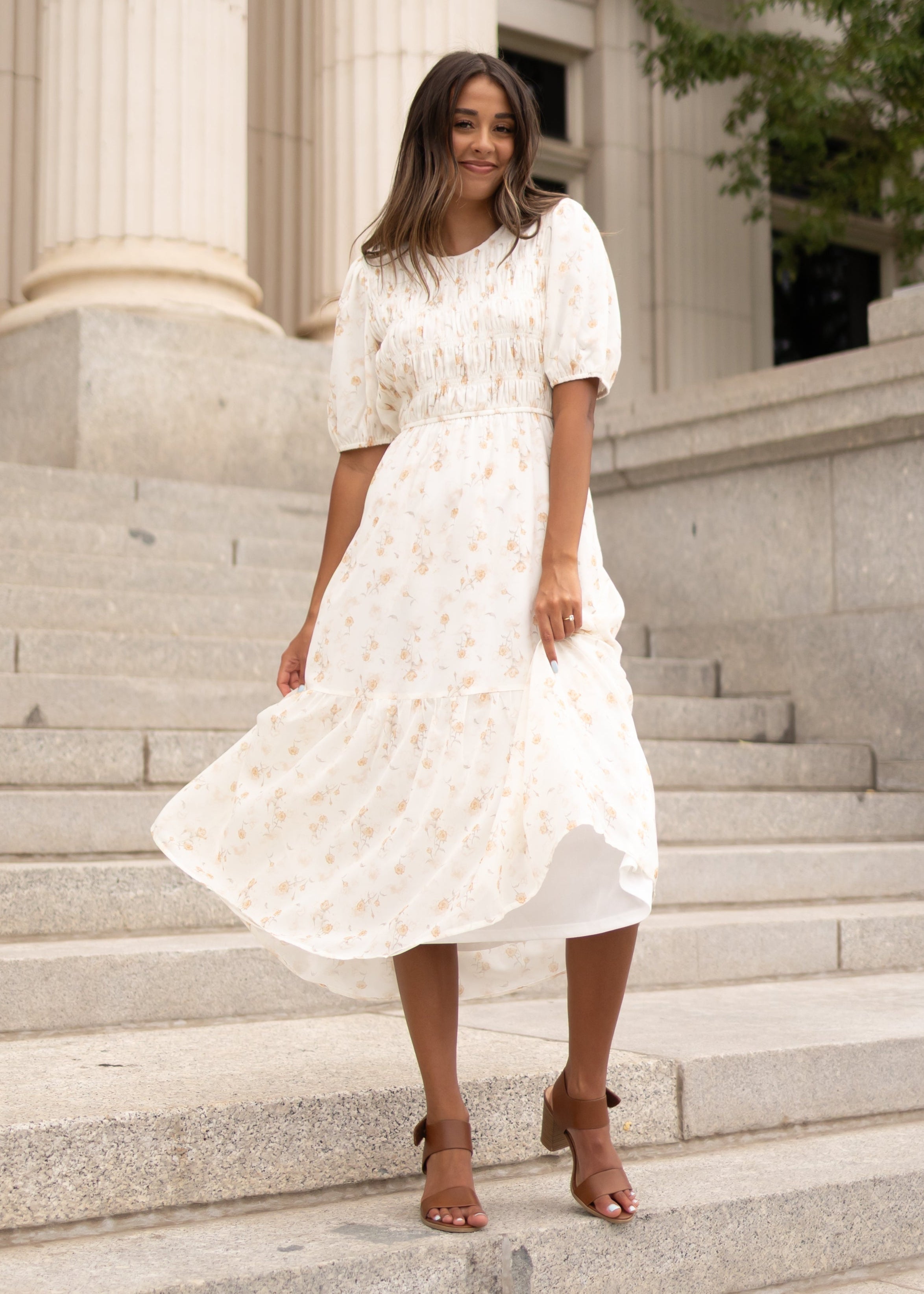 Cari Cream Floral Smocked Dress