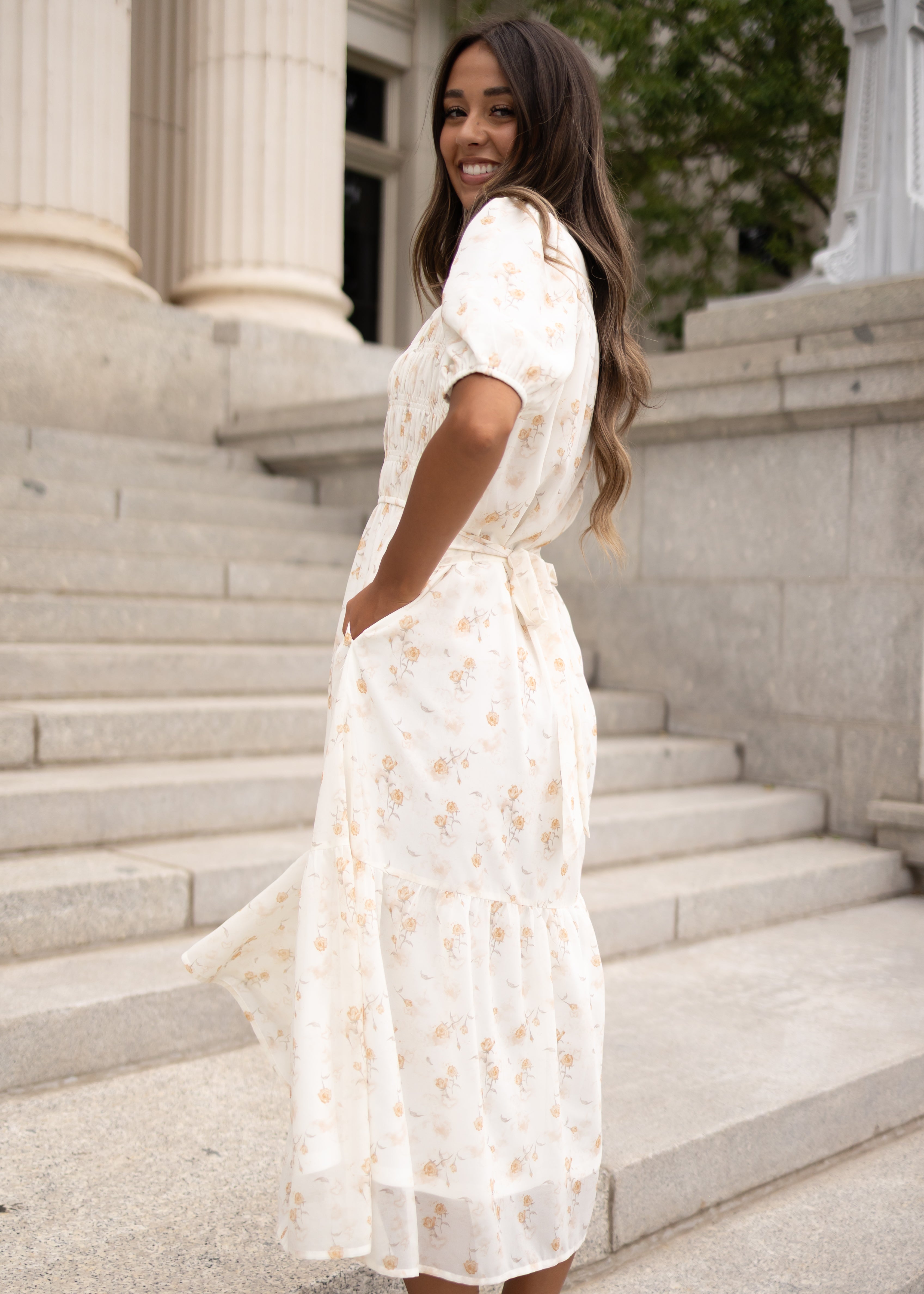 Cari Cream Floral Smocked Dress