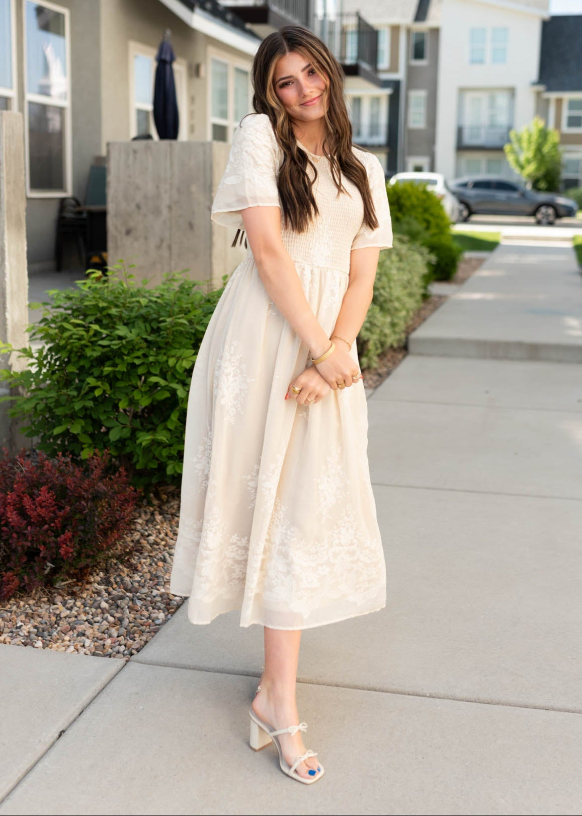 Cherish Champagne Embroidered Dress