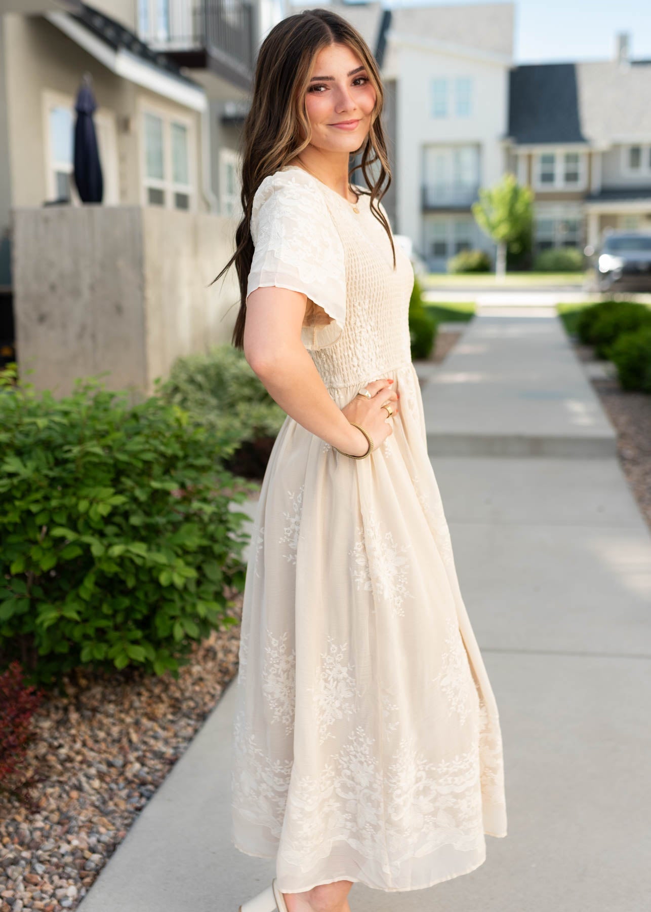 Cherish Champagne Embroidered Dress