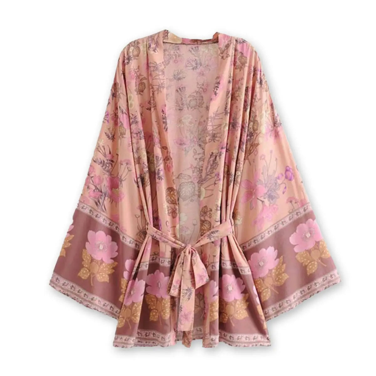 French Pink Boho Rose Floral Print Short Robe