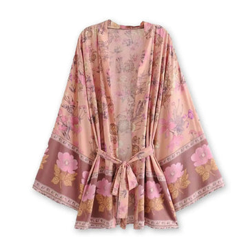 French Pink Boho Rose Floral Print Short Robe