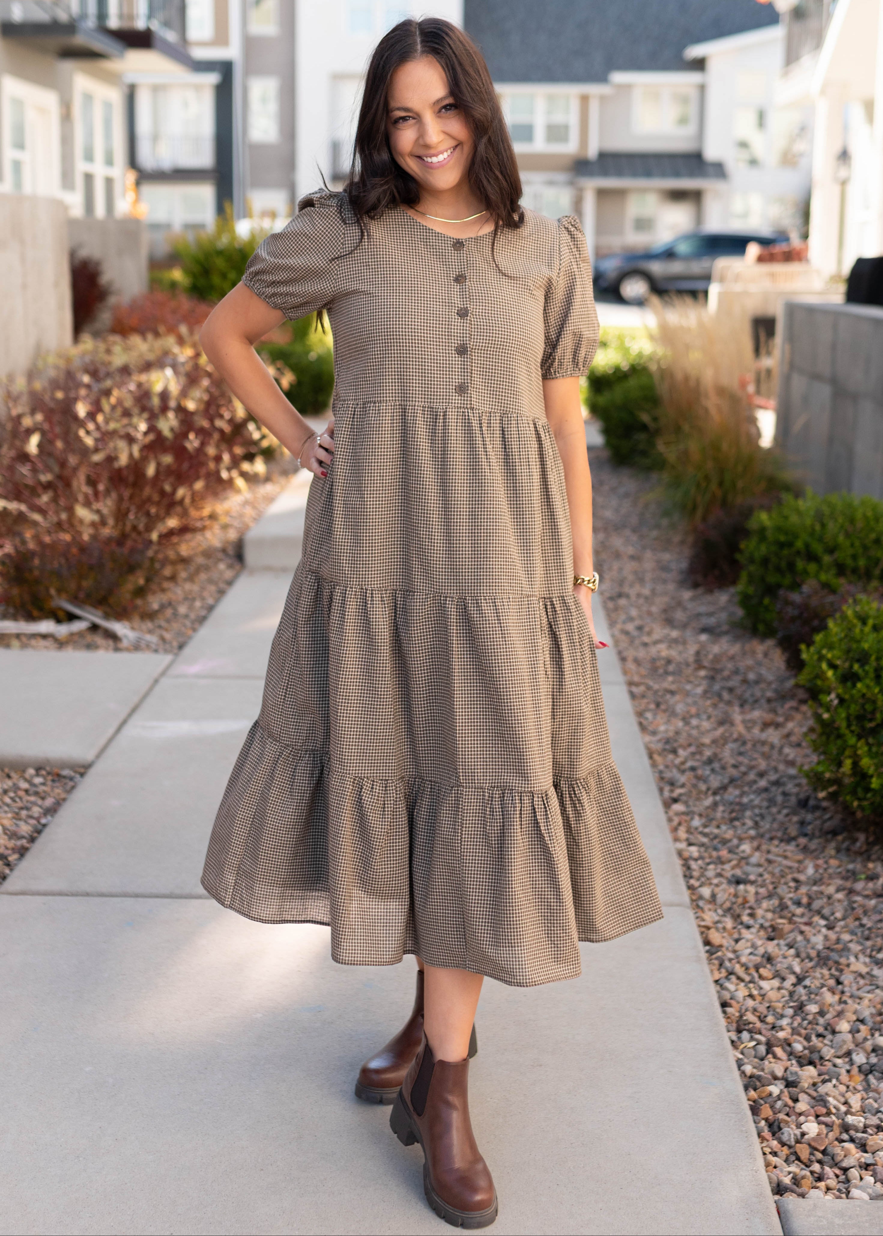Gianna Dark Olive Gingham Dress