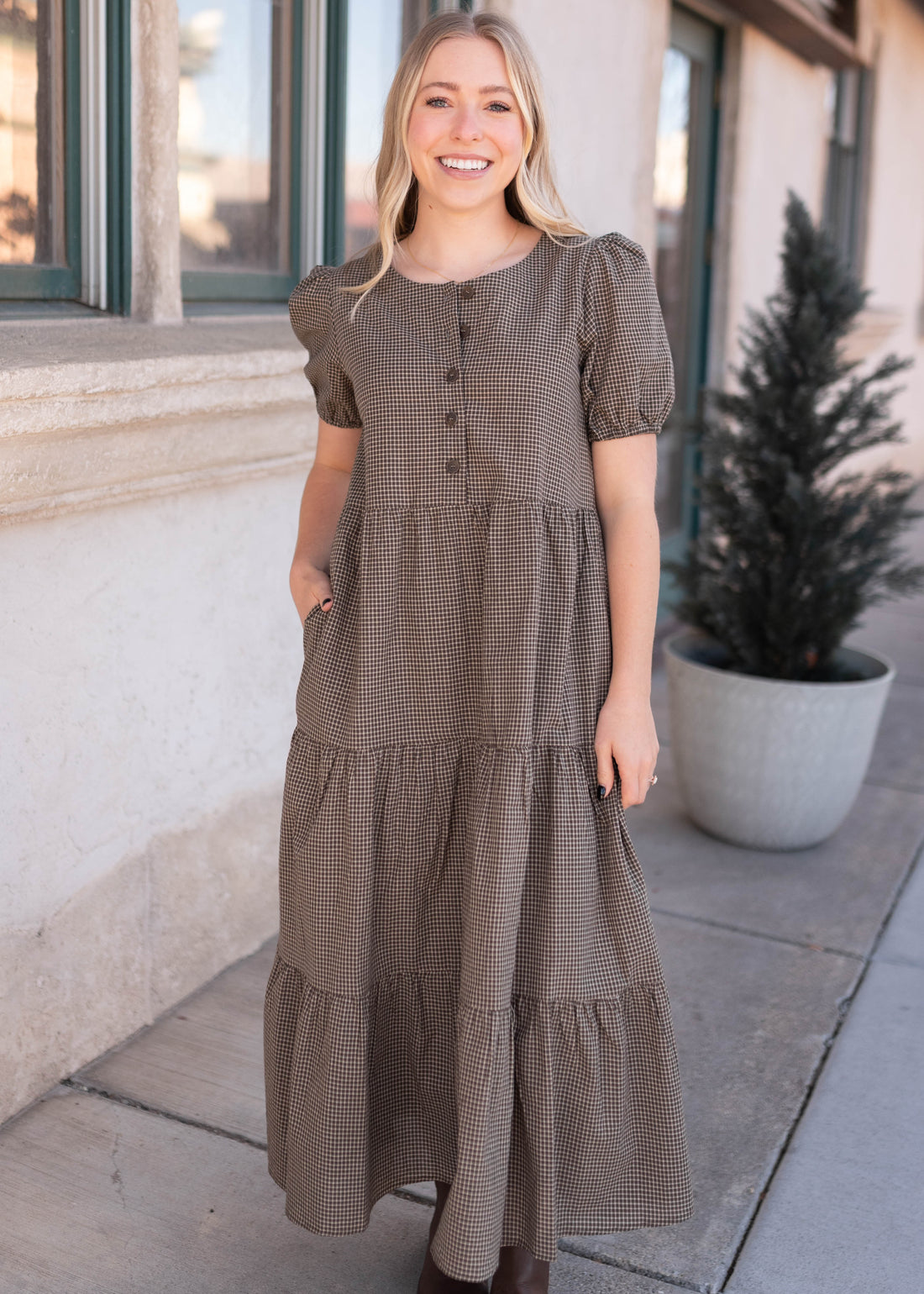 Gianna Dark Olive Gingham Dress