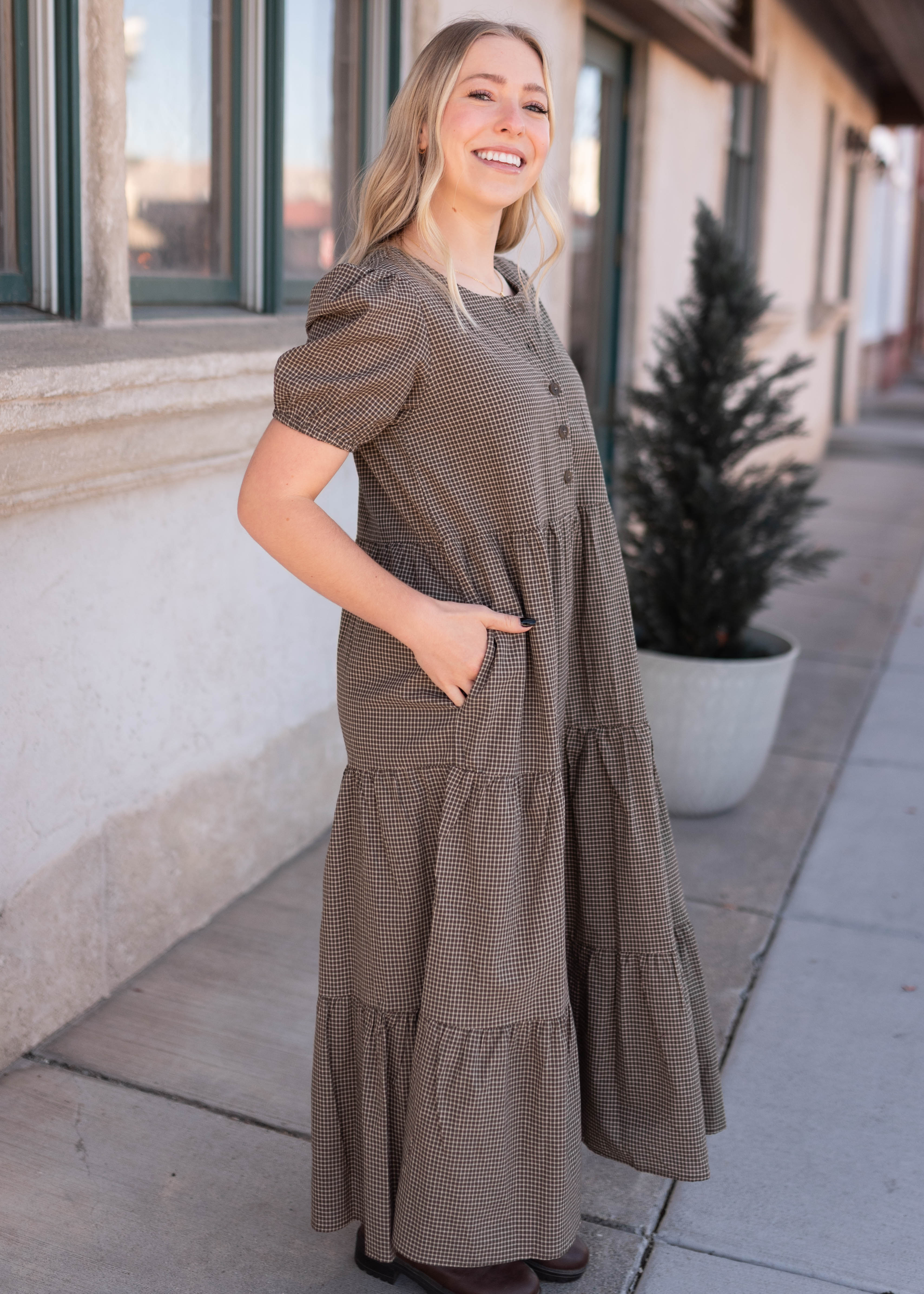 Gianna Dark Olive Gingham Dress