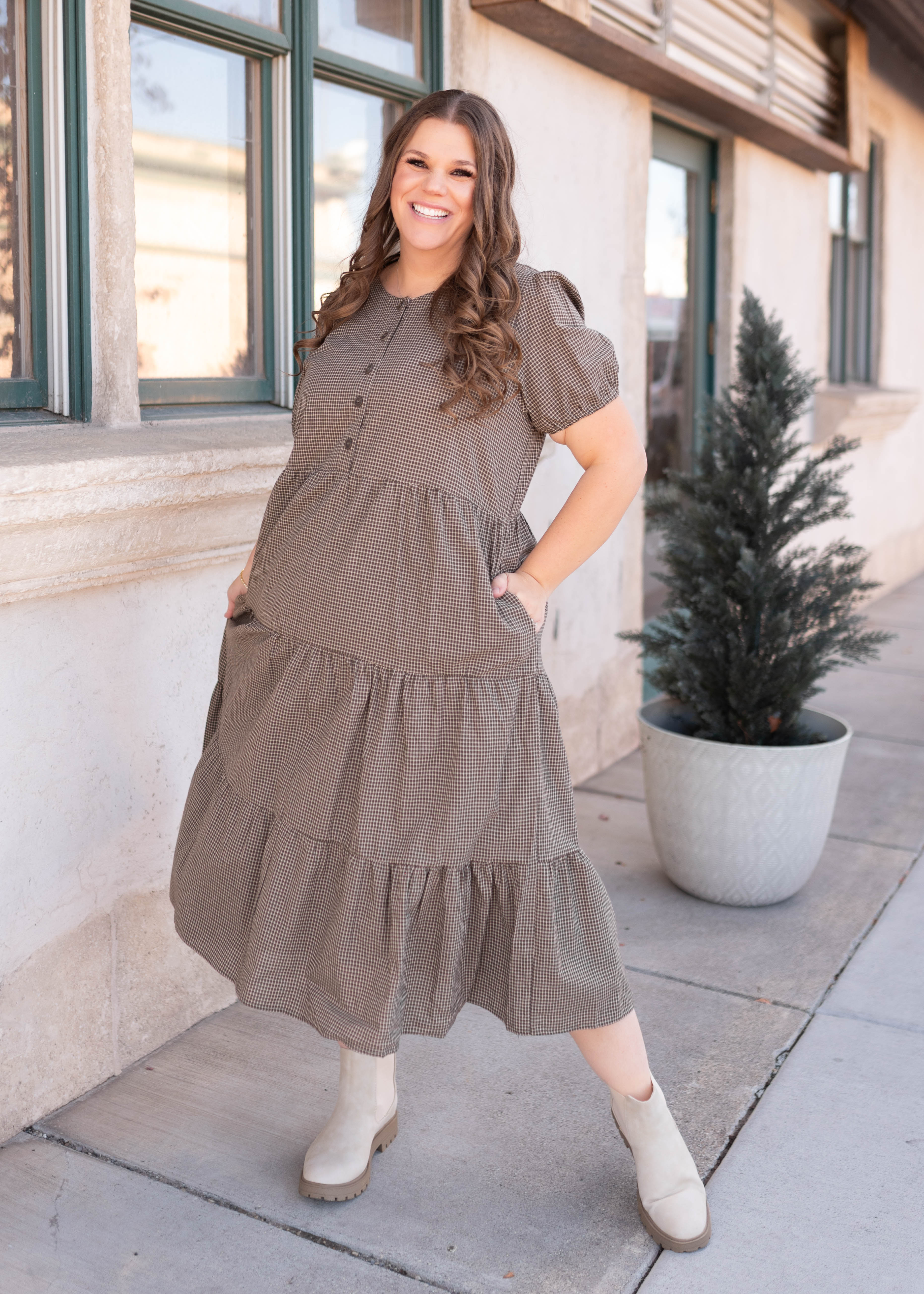 Gianna Dark Olive Gingham Dress
