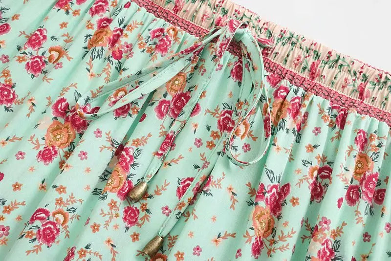 Mint Rosebud Boho Floral Print Midi Skirt