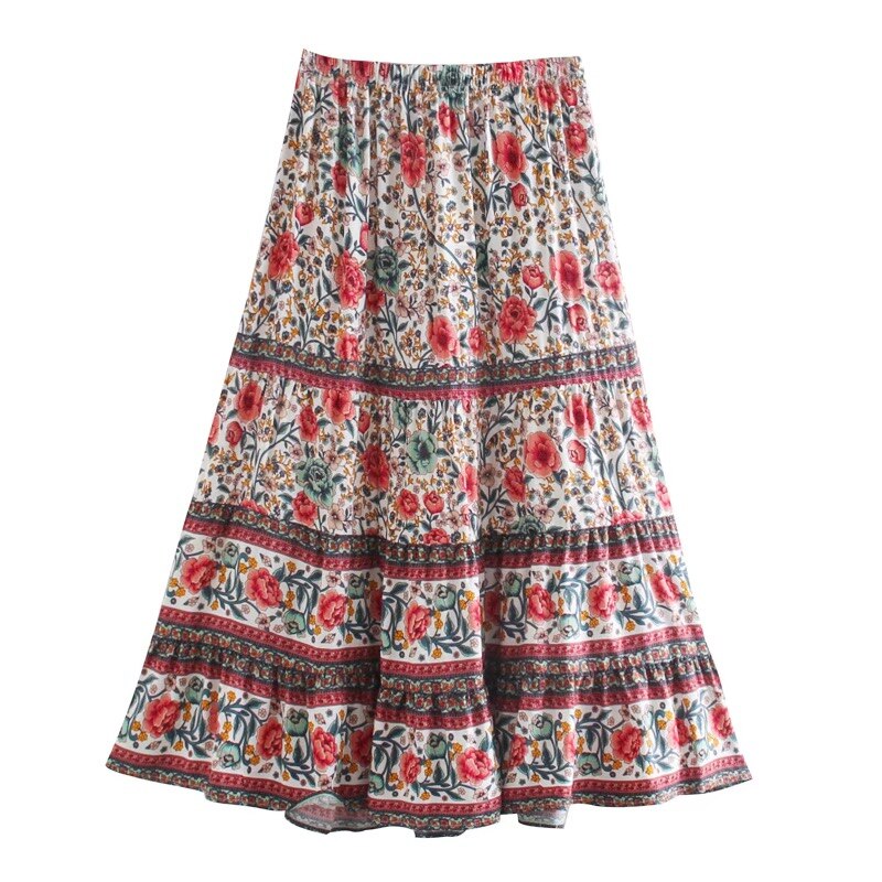Vintage Garden Boho Floral Print Midi Skirt