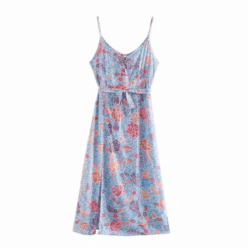 Blooming Blue Boho Floral Print Midi Dress