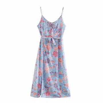 Blooming Blue Boho Floral Print Midi Dress