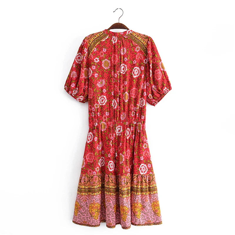 Strawberry Rose Boho Floral Print Midi Dress