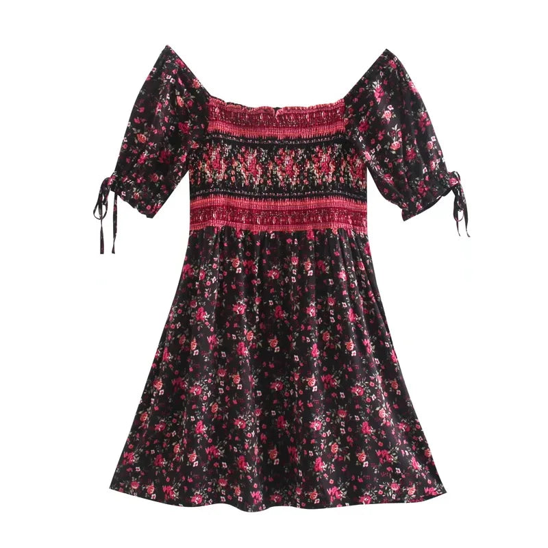 Black Floral Fantasy Boho Floral Print Mini Dress