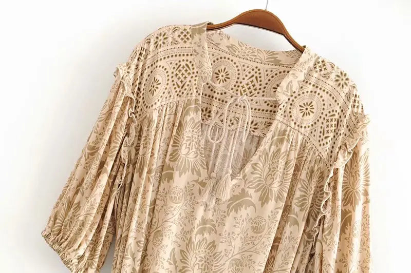 Desert Khaki Boho Floral Print Mini Dress