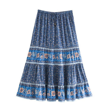 Blue Meadow Boho Floral Print Midi Skirt