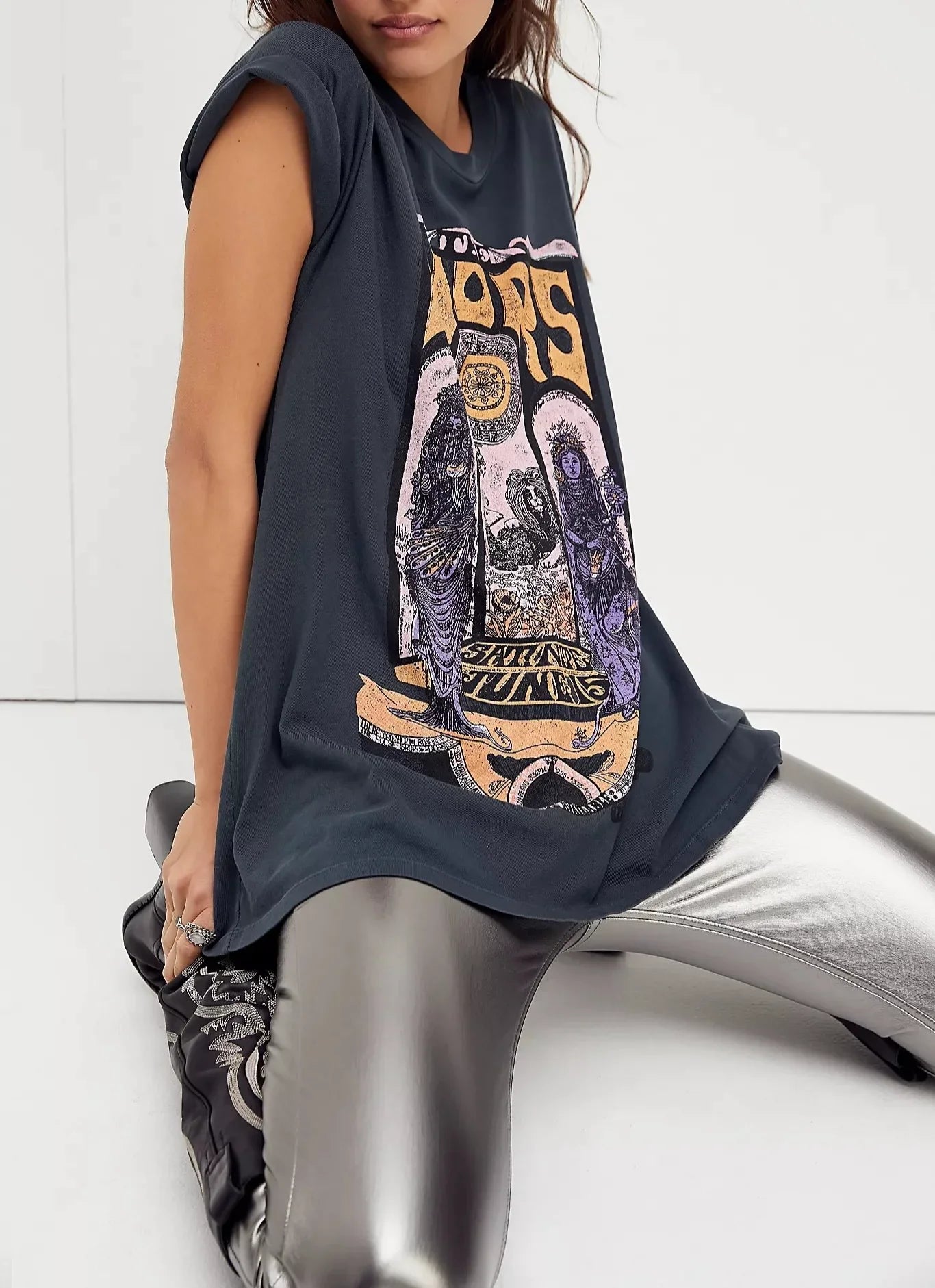 Black Retro-Inspired Boho Chic Graphic Tshirt