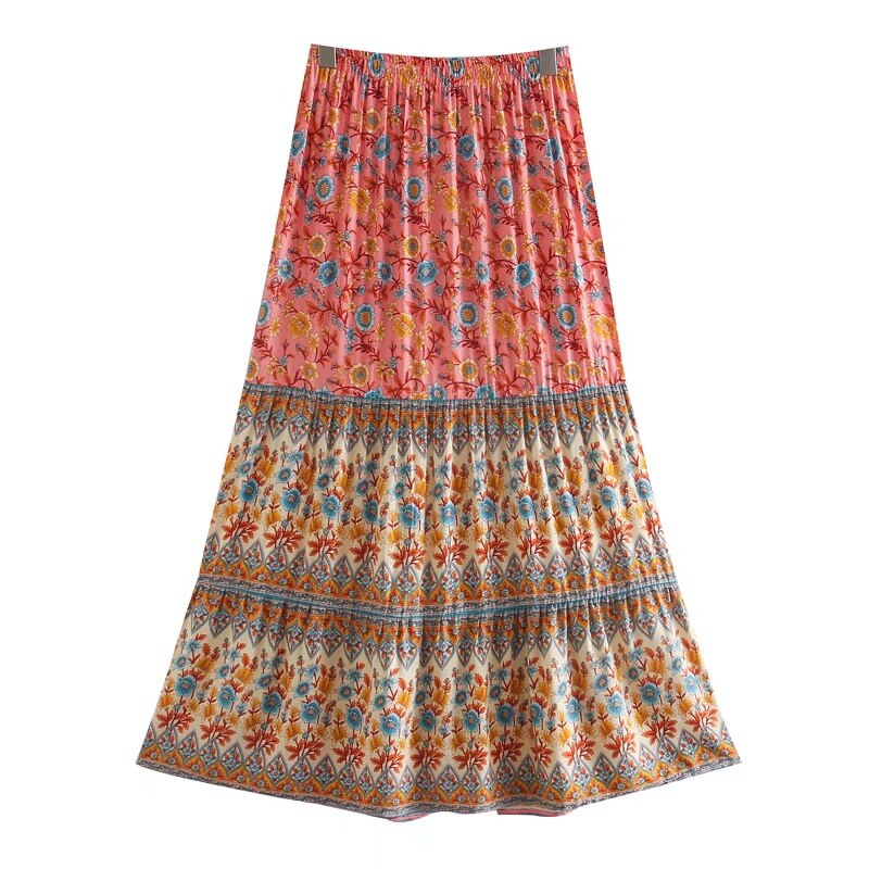 Serena Pink Boho Floral Print Midi Skirt