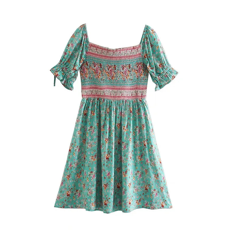 Green Floral Fantasy Boho Floral Print Mini Dress