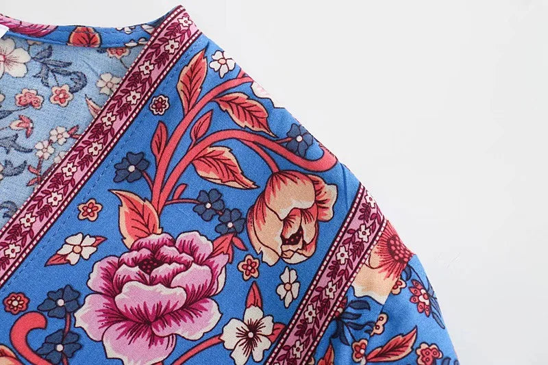 Sapphire Garden Boho Floral Print Mini Dress