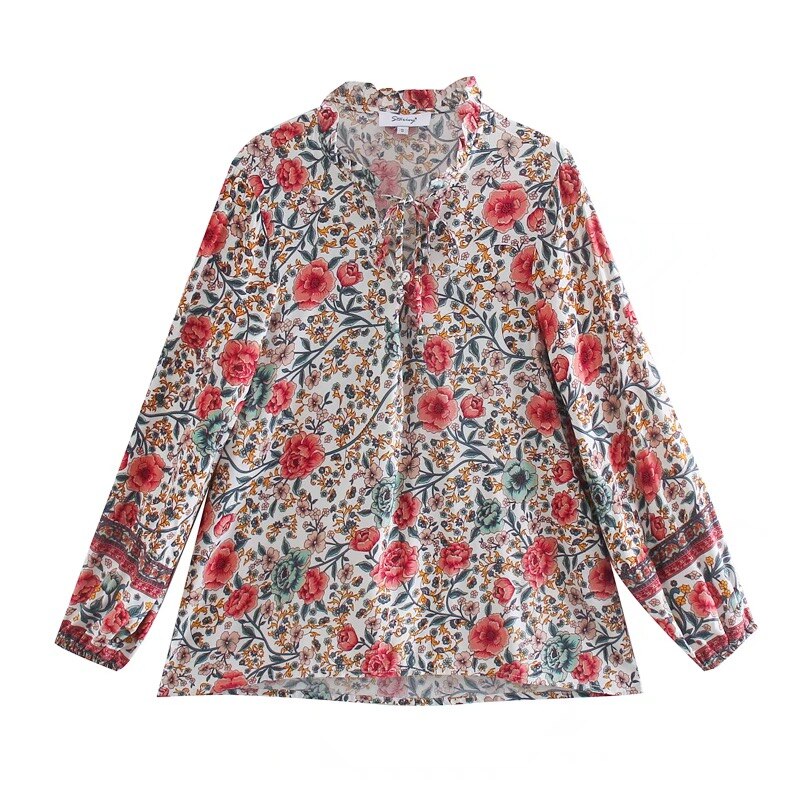 Vintage Garden Boho Floral Print Long Sleeve Blouse