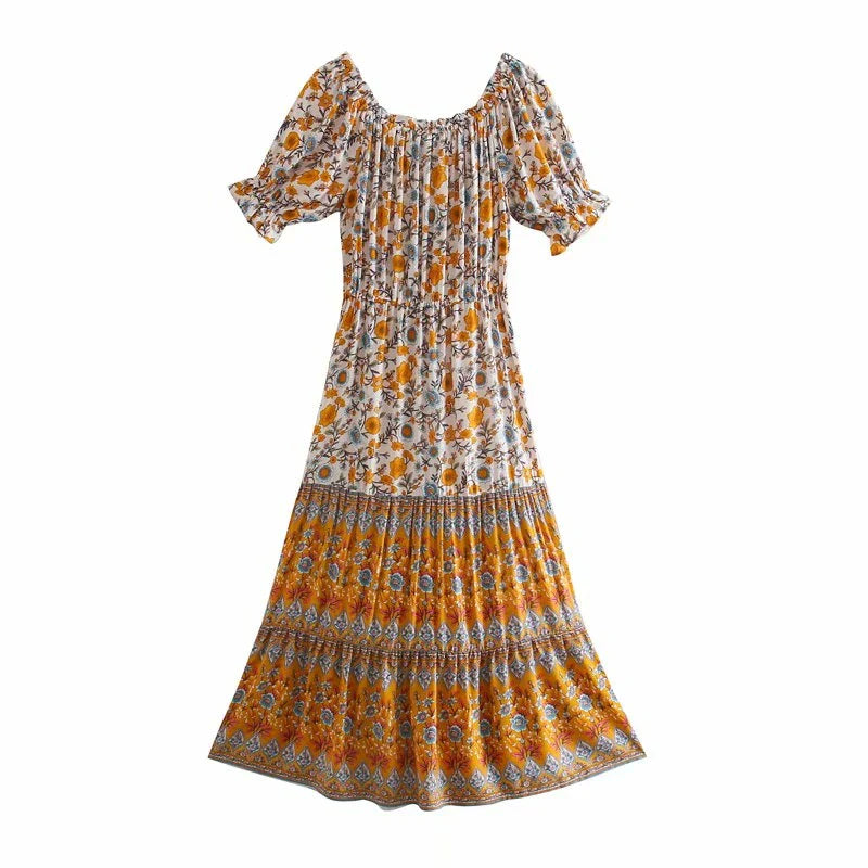 Sunlit Marigold Boho Floral Print Midi Dress