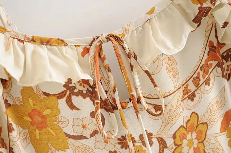 Golden Bloom Boho Floral Print Midi Dress