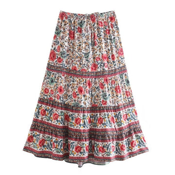 Vintage Garden Boho Floral Print Midi Skirt