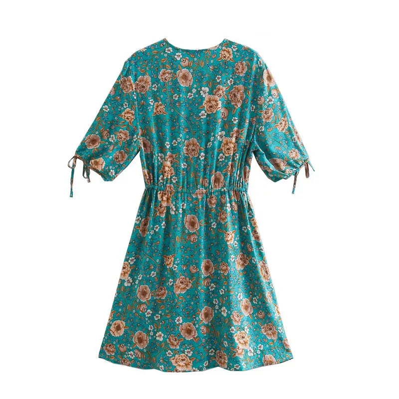 Jade Garden Boho Floral Print Mini Dress