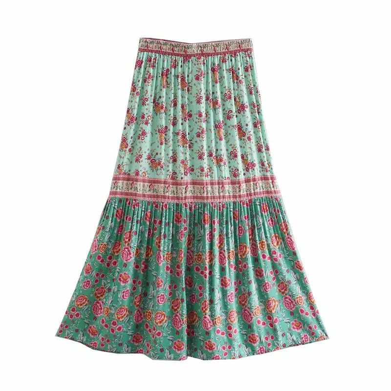 Mint Rosebud Boho Floral Print Midi Skirt