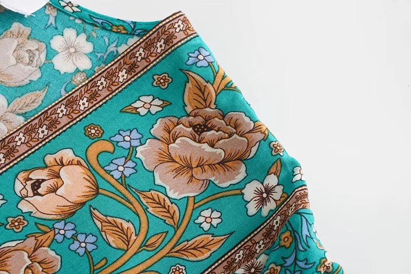 Jade Garden Boho Floral Print Mini Dress