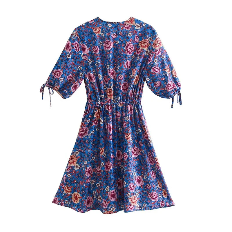 Sapphire Garden Boho Floral Print Mini Dress