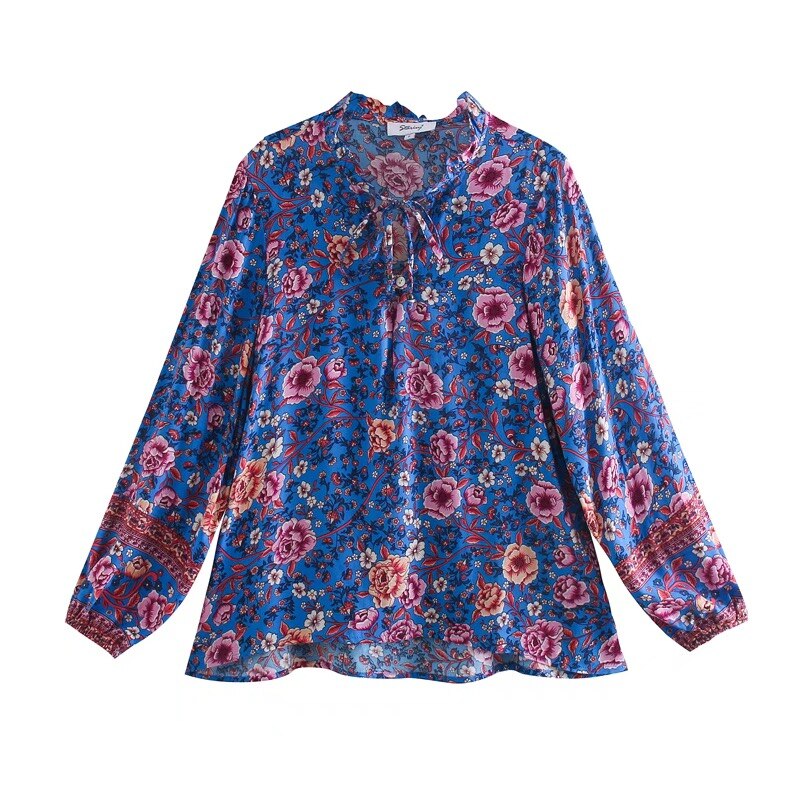 Indigo Bloom Boho Floral Print Long Sleeve Blouse