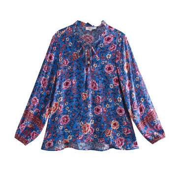 Indigo Bloom Boho Floral Print Long Sleeve Blouse