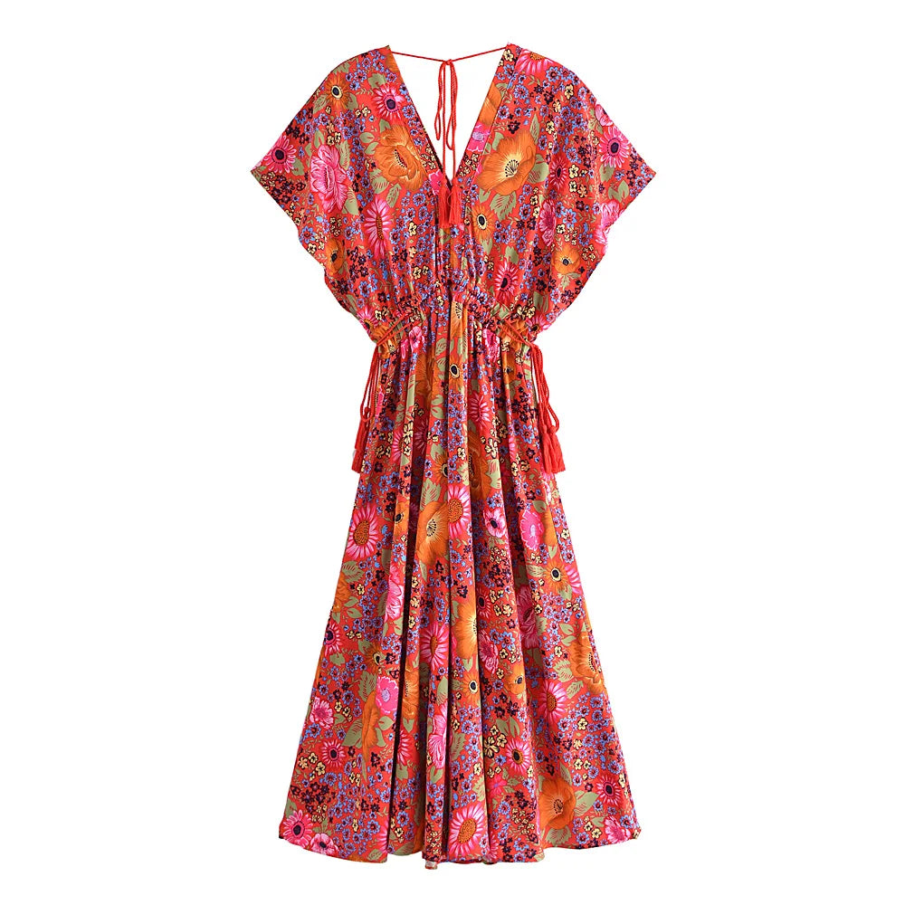 Calypso Berry Floral Boho Floral Print Midi Dress